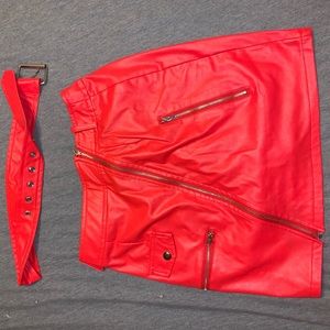 Red faux leather skirt + matching belt